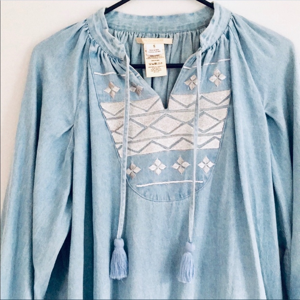 Anthropologie Embroidered Denim Dress